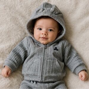 Baby Gap Quilted Bear Hoodie Set Grey 0–3M Cozy 2 Piece Outfit